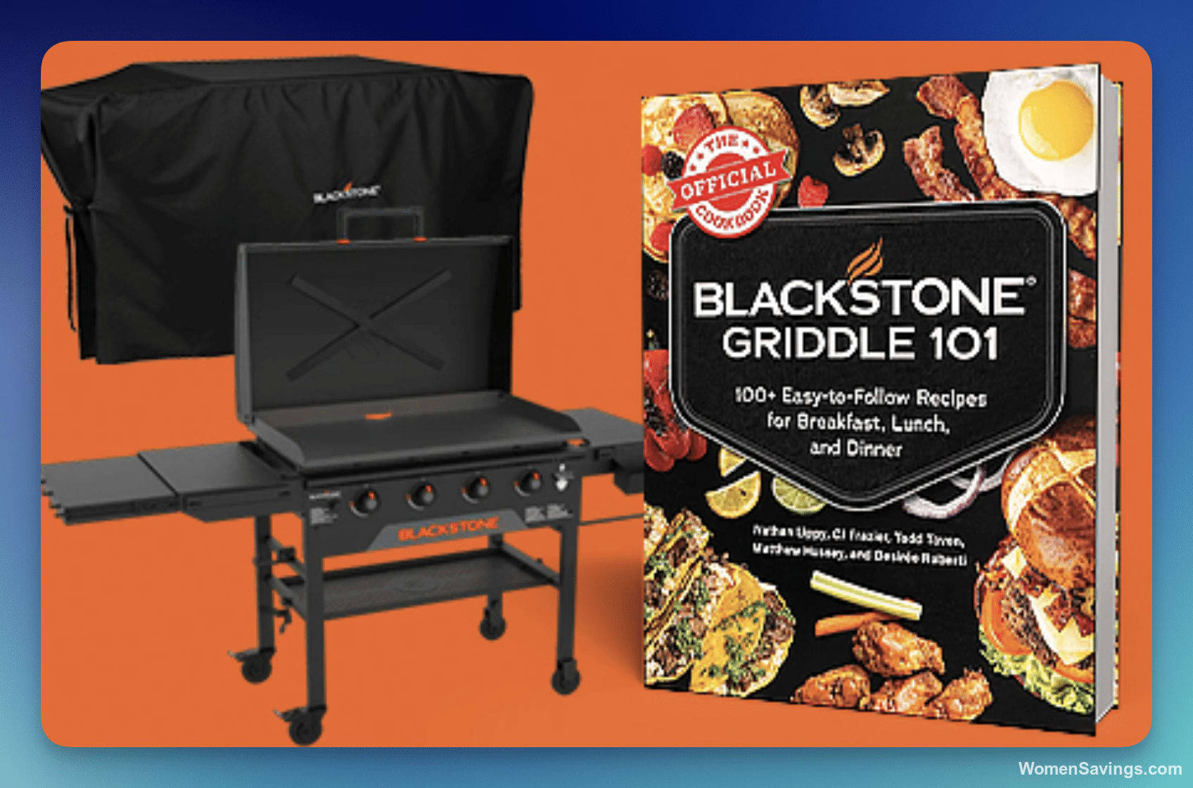 Blackstone 36-inch griddle with hood shown with the Blackstone Griddle 101 cookbook, griddle cover and 5-piece toolkit