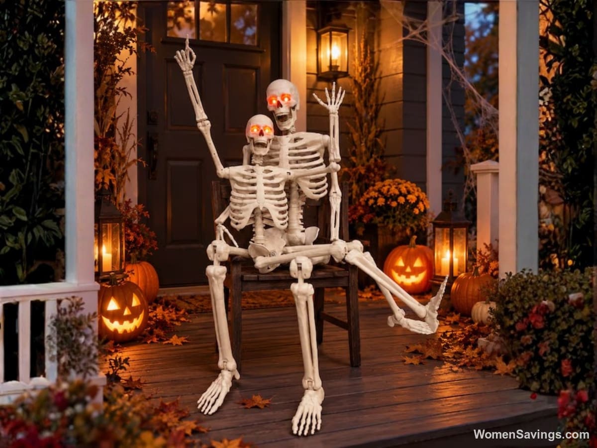 Haunted Living posable skeleton with light-up LED eyes displayed as Halloween decor from Lowe's