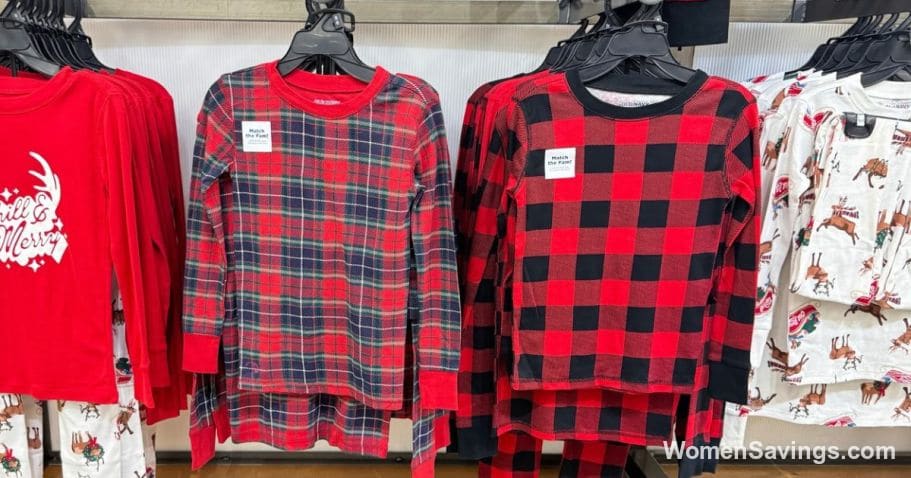 Family wearing matching red plaid Old Navy holiday pajamas