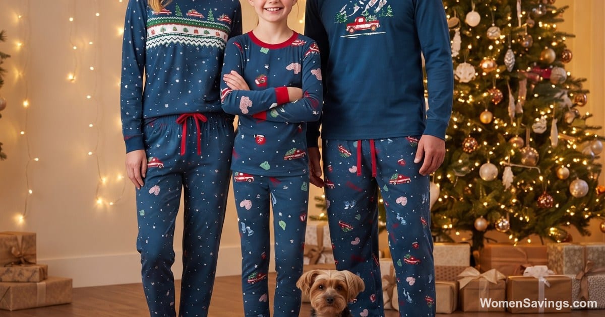 Family wearing matching Member's Mark Christmas pajamas from Sam's Club, with a dog in a coordinating holiday outfit