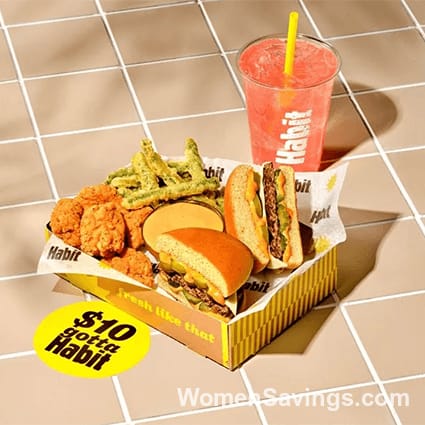 Habit Burger Dipping Trio Box with a burger cut into two dippable halves and dipping sauce