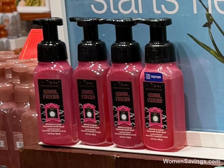 Assortment of Bath & Body Works foaming hand soaps in fall scents on a bathroom counter
