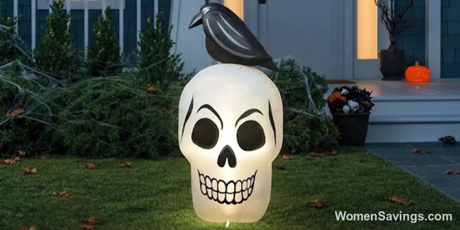 Target Hyde & EEK Halloween decorations including a skeleton, raven inflatable and tombstones