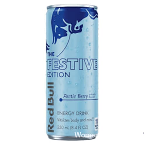 Can of Red Bull Festive Edition next to holiday decorations