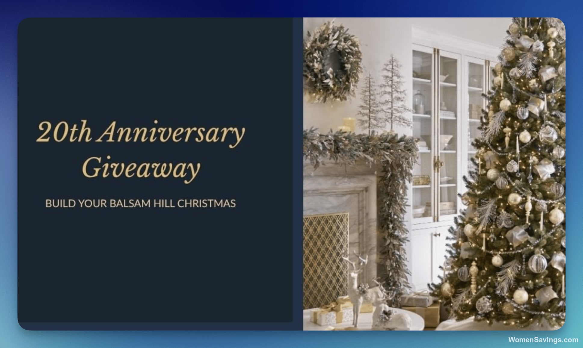 Beautifully decorated Balsam Hill Christmas tree with ornaments, a wreath and garland in a cozy living room