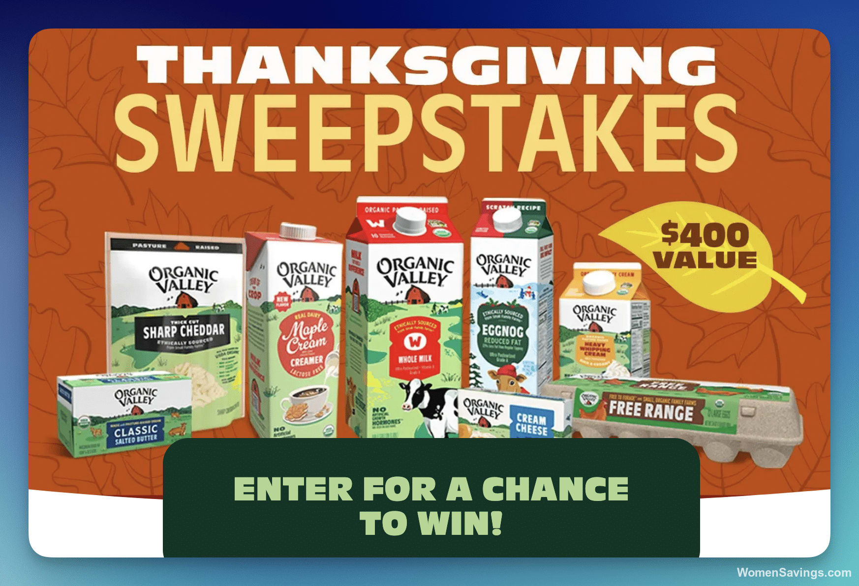 Organic Valley dairy products and branded swag bundle shown as the Thanksgiving sweepstakes prize package