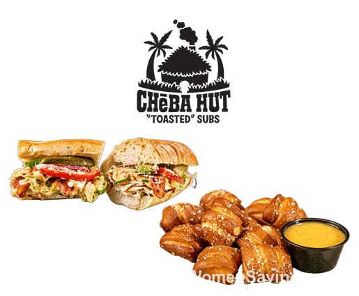 Toasted 4 inch Nug sub and a serving of Pretzel Nugs with honey mustard from Cheba Hut