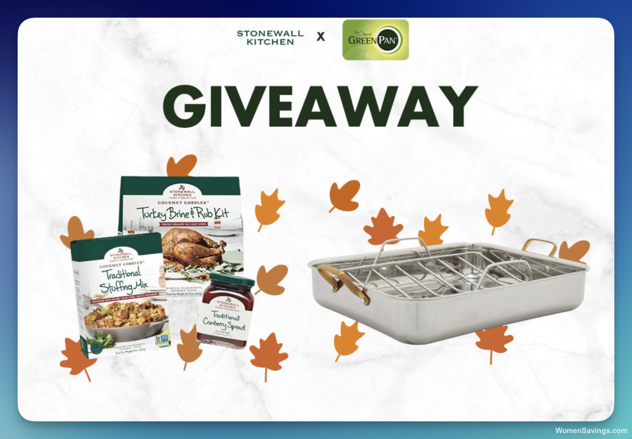 GreenPan stainless steel roaster beside a Stonewall Kitchen Thanksgiving food bundle with jams, sauces and mixes