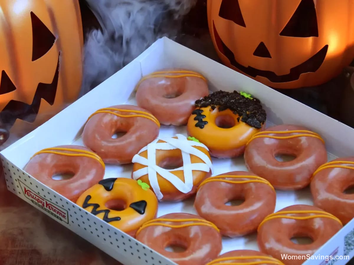 Box of Krispy Kreme Original Glazed doughnuts next to a single glazed doughnut