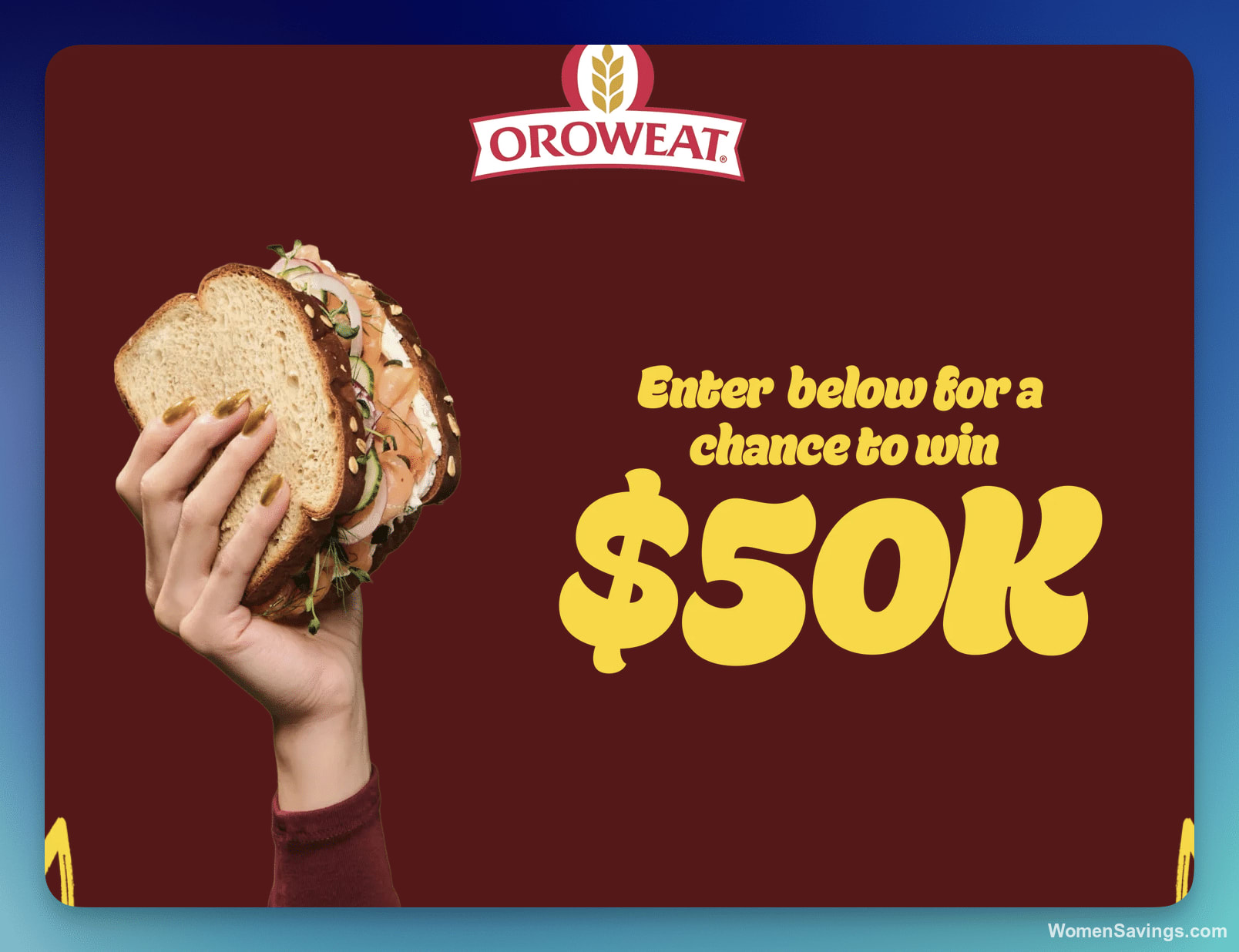 Loaf of Oroweat bread next to a graphic of a $50,000 check for the Get That Bread Sweepstakes
