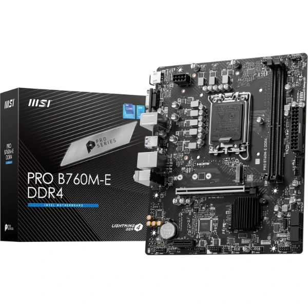 MSI PRO B760M-E DDR4 Motherboard, Micro-ATX – Supports Intel 14th, 13th & 12th Gen Core Processors, LGA 1700 – DDR4 Memory Boost 4800+MHz/OC, PCIe 4.0 x16 Slot, M.2 Gen4 Slot