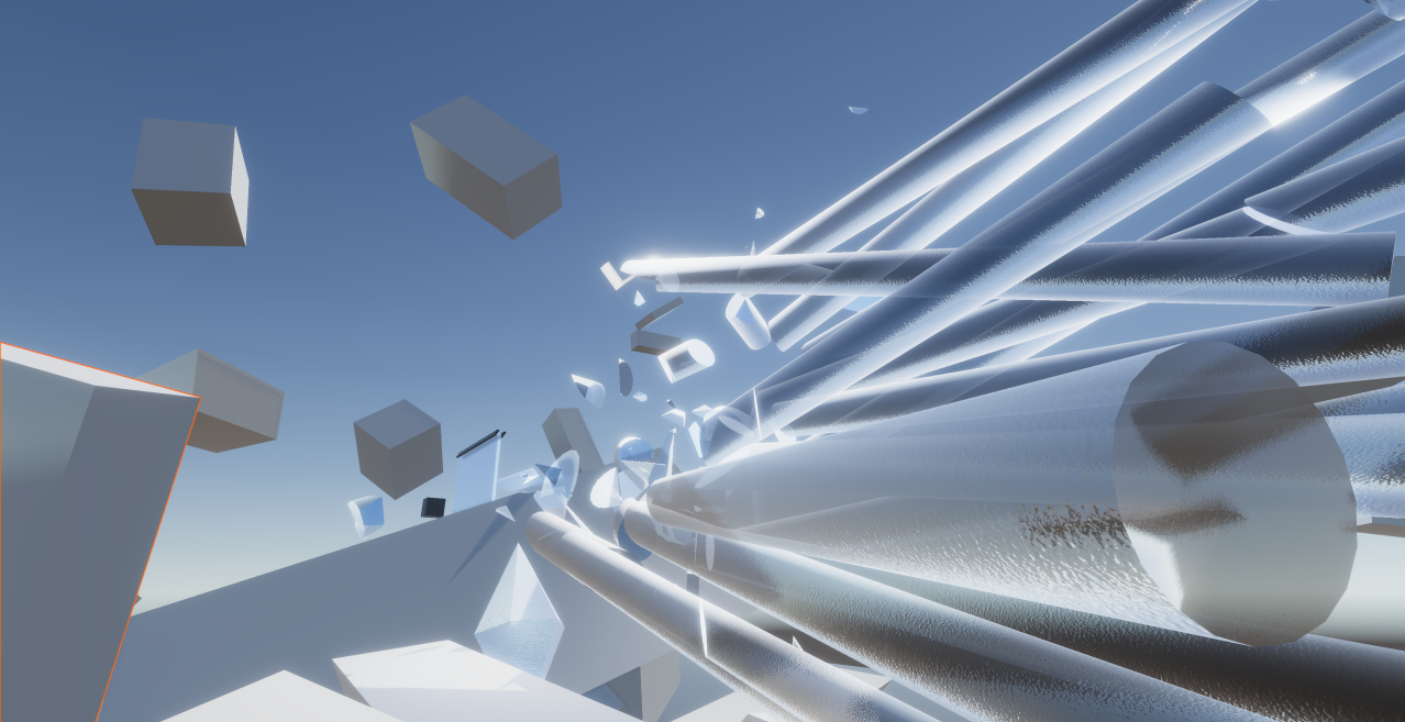 Screenshot of a scene of glass rods shattered via the DESTRUCT algorithm
