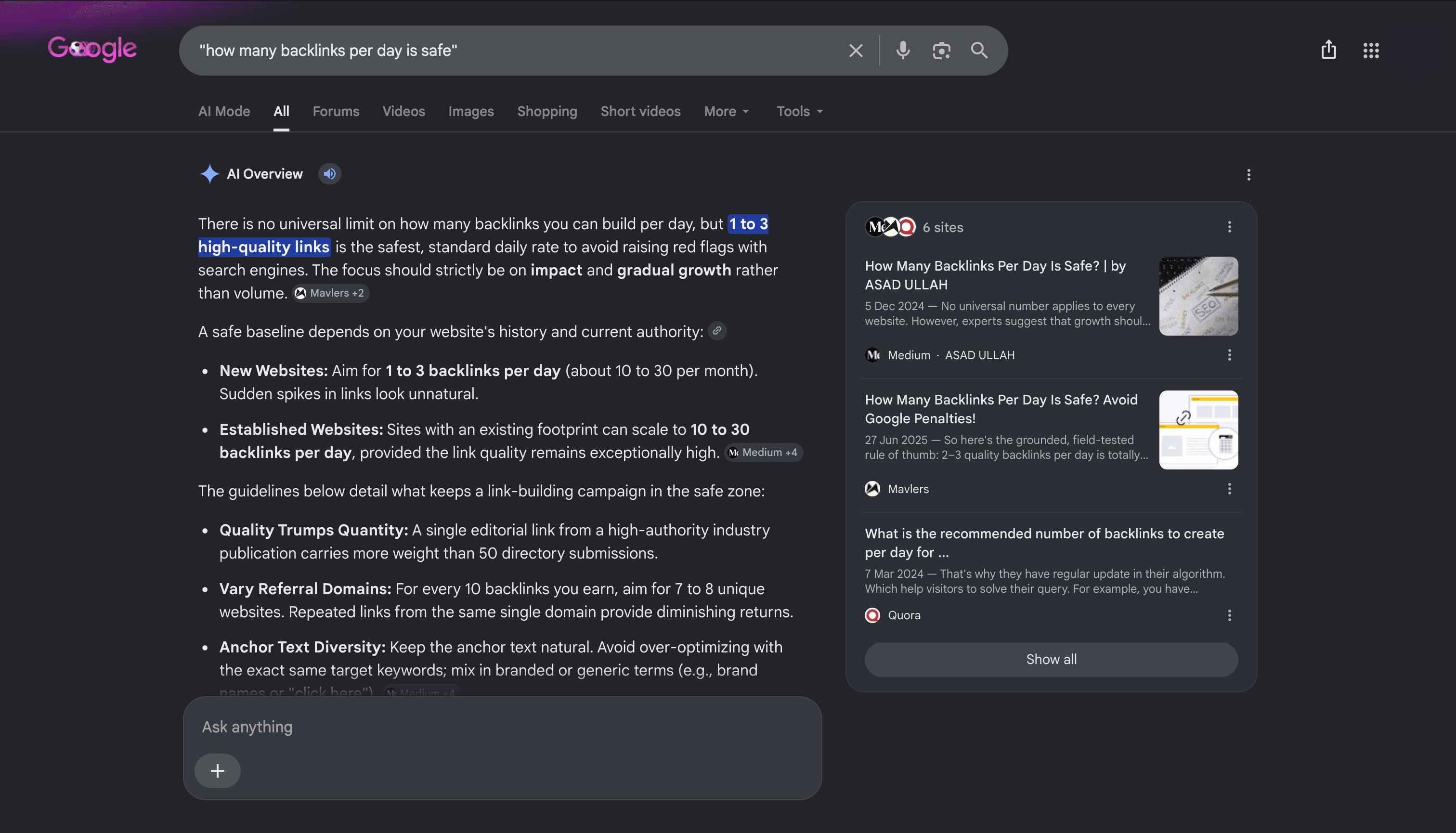 Google's AI Overview for "how many backlinks per day is safe," stating that 1 to 3 high-quality links a day is the safest rate and 10 to 30 for established sites, and citing SEO blogs such as Mavlers and Medium as its sources