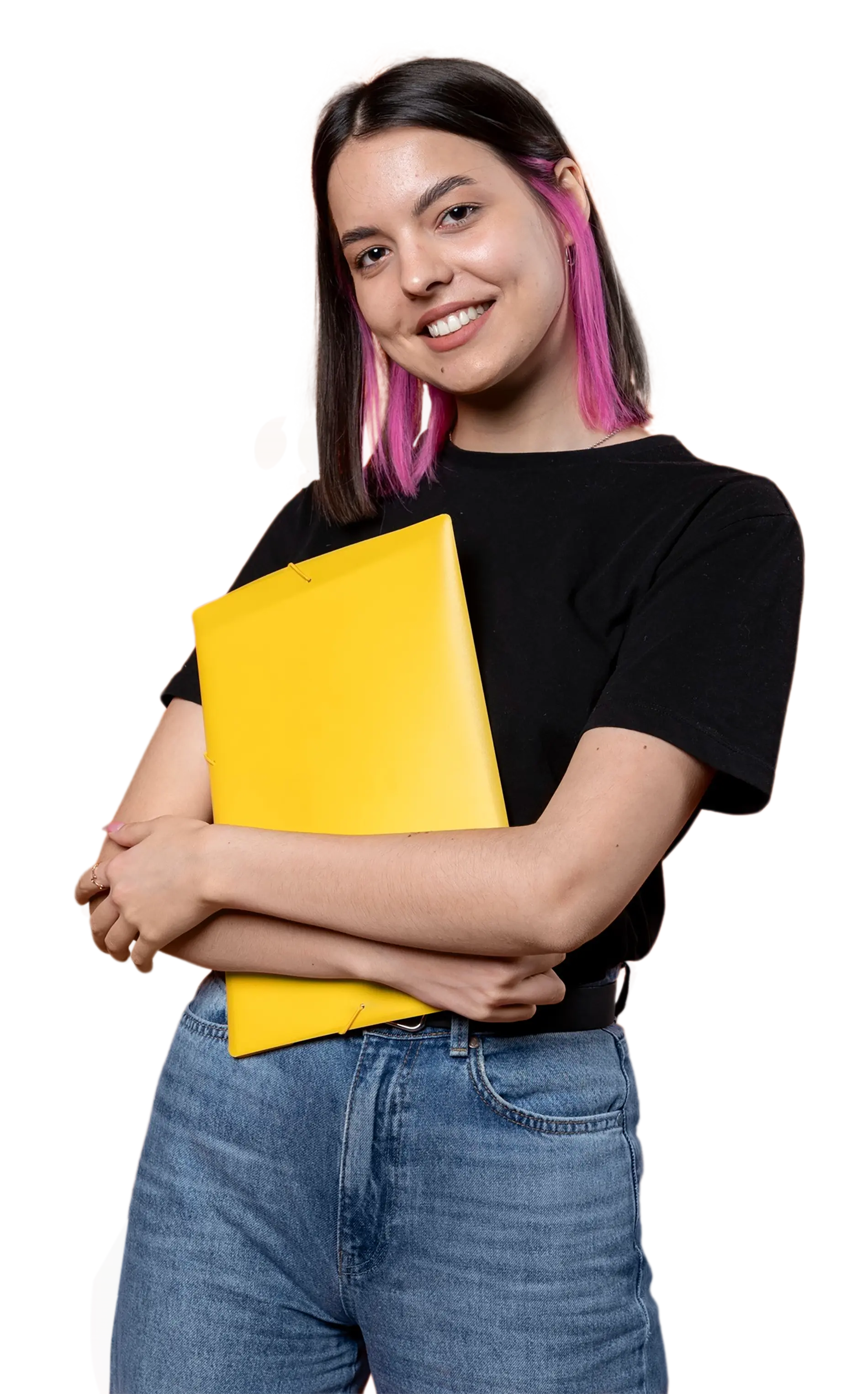 Smiling author holding a notebook