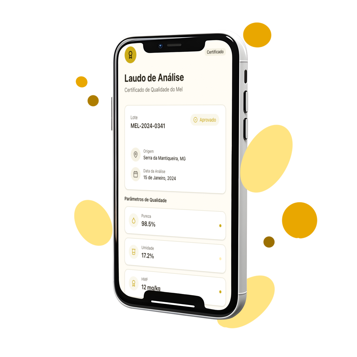 Aplicativo Pollis Intelligence mostrando análise de mel com inteligência artificial