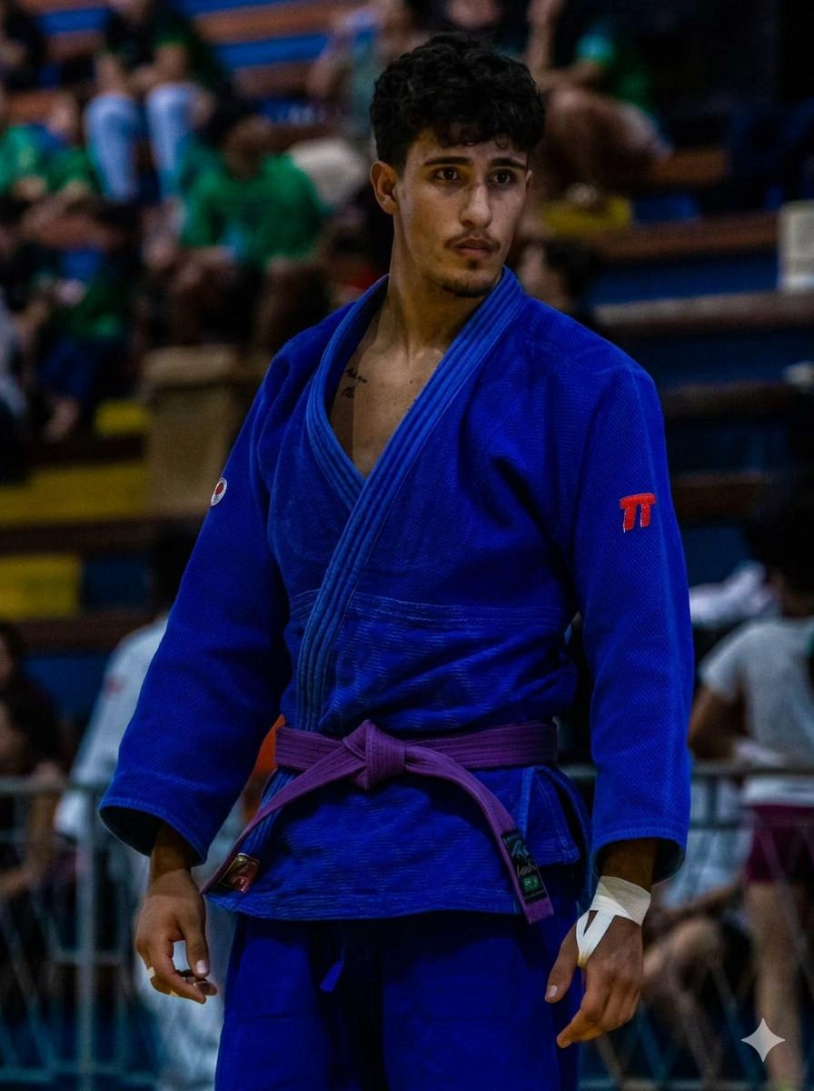 Professor Marcelo Rodrigues, faixa roxa, de kimono no tatame