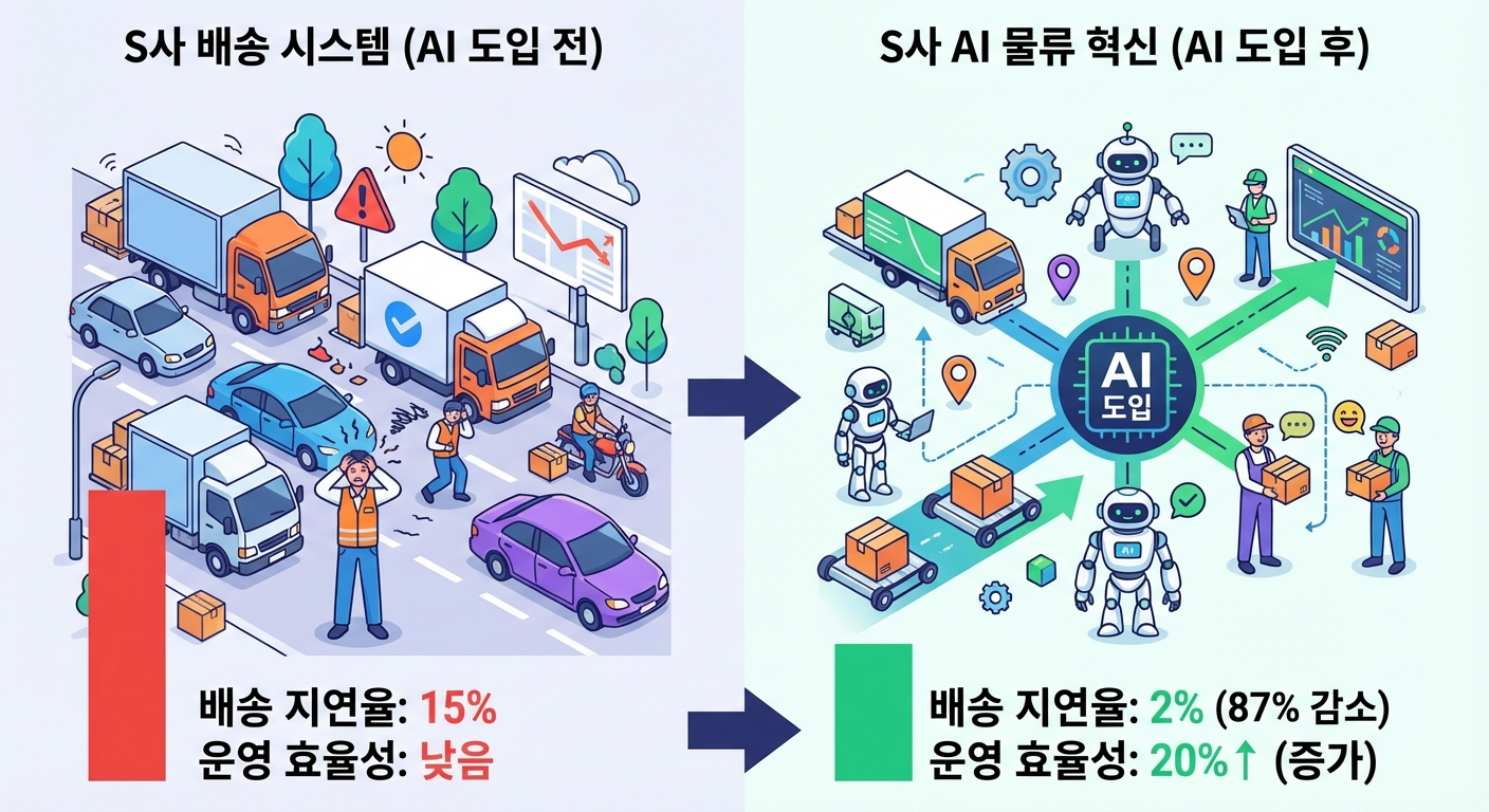 S사 배송 시스템이 AI 도입 전 15% 배송 지연율과 낮은 운영 효율성을 보였으나, AI 도입 후 2%로 감소하고 운영 효율성이 20% 증가했음을 보여주는 인포그래픽.