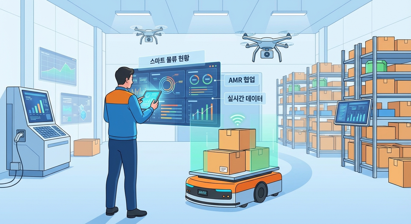 스마트 물류 현황을 보여주는 화면과 AMR 로봇, 드론이 있는 자동화된 창고 풍경
