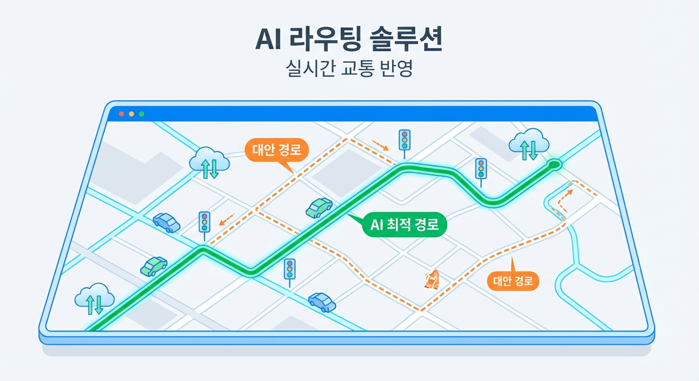 AI 라우팅 솔루션 화면으로, 실시간 교통을 반영한 AI 최적 경로와 대안 경로가 표시되어 있음