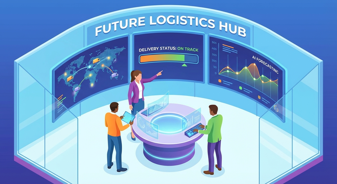 미래 물류 허브에서 배송 상태 확인, AI 예측을 분석하는 직원들