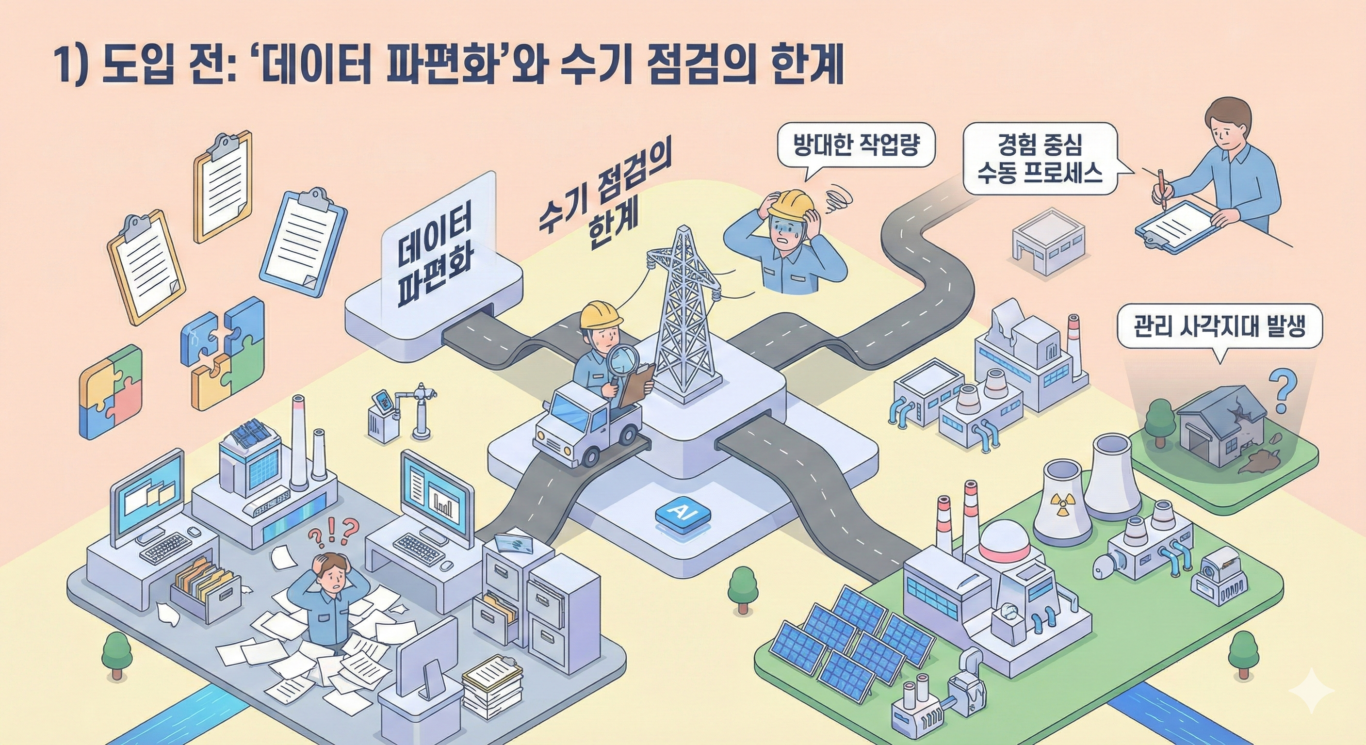 데이터 파편화와 수기 점검으로 인한 문제점(방대한 작업량, 경험 중심 프로세스, 관리 사각지대 발생)을 시각적으로 표현