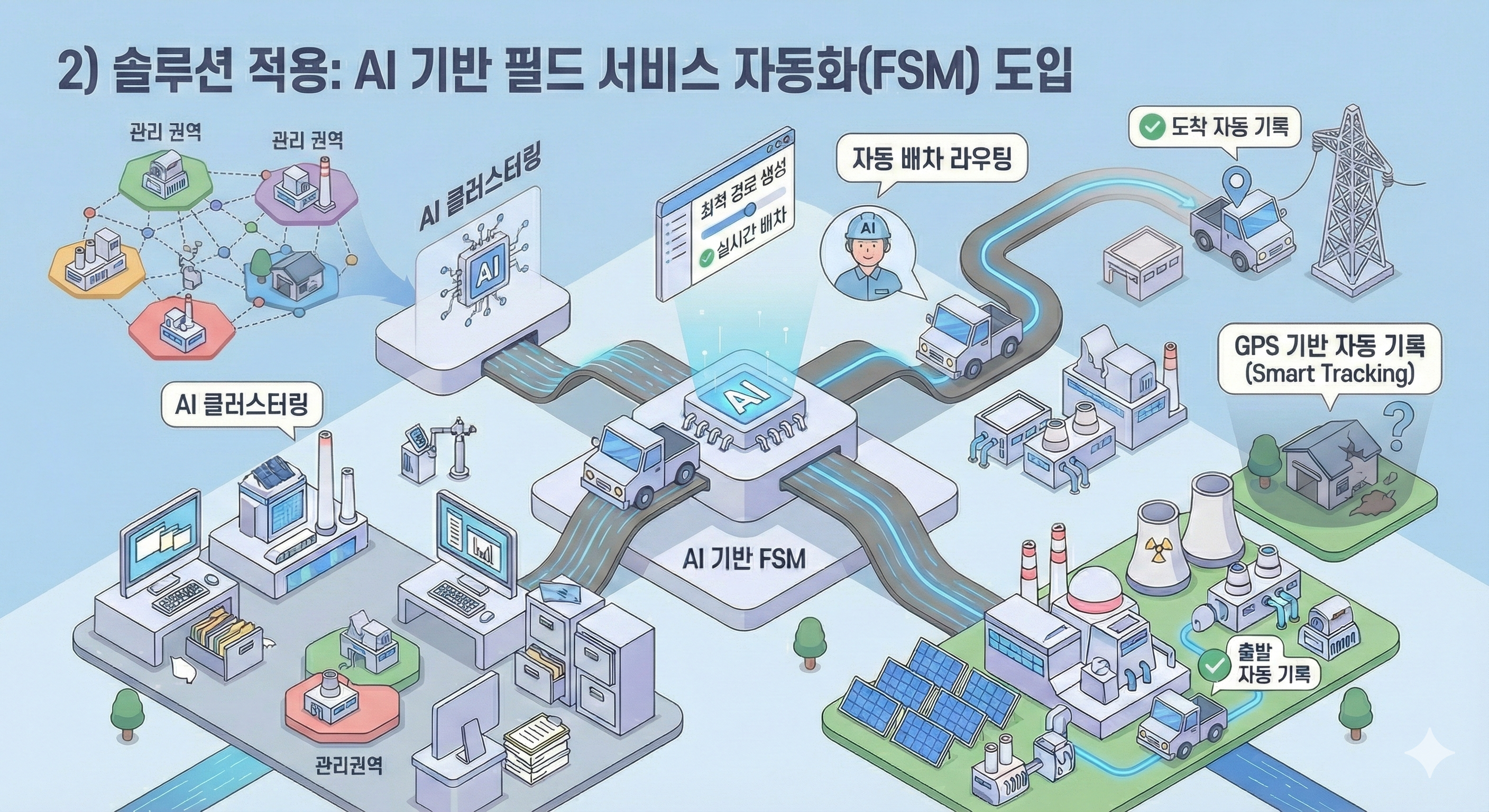 AI 기반 필드 서비스 자동화(FSM) 도입으로 관리 권역 내 자동 배차 라우팅, 실시간 배차, 도착 및 출발 자동 기록, GPS 기반 자동 기록 등이 이루어지는 모습.