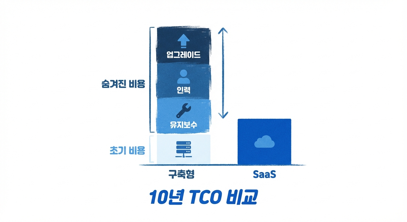 구축형과 SaaS의 10년 TCO 비교, 구축형은 업그레이드, 인력, 유지보수 등 숨겨진 비용이 높음