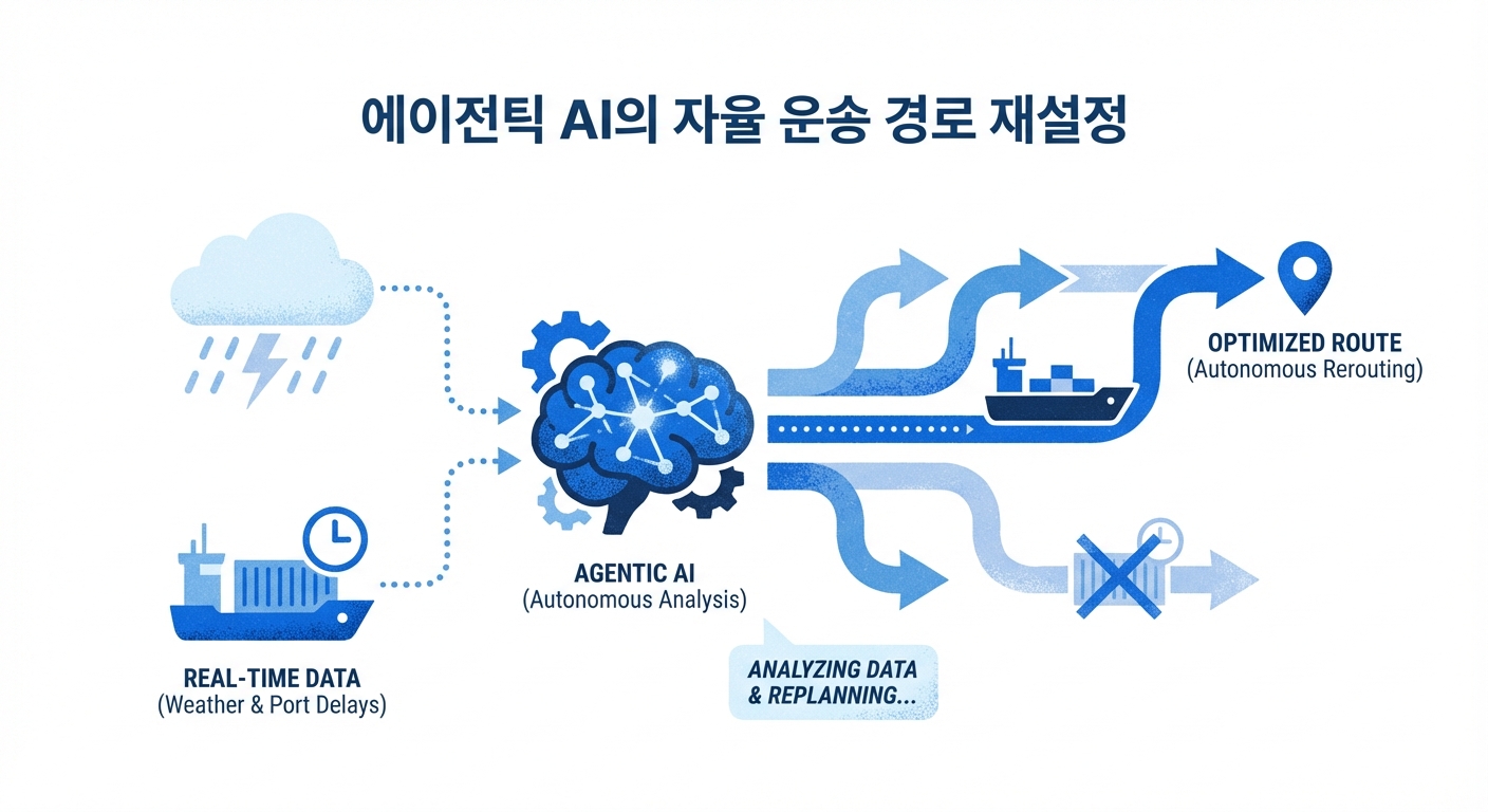 에이전트 AI가 실시간 데이터 분석 및 재계획을 통해 선박 운송 경로를 최적화하는 과정을 보여주는 인포그래픽