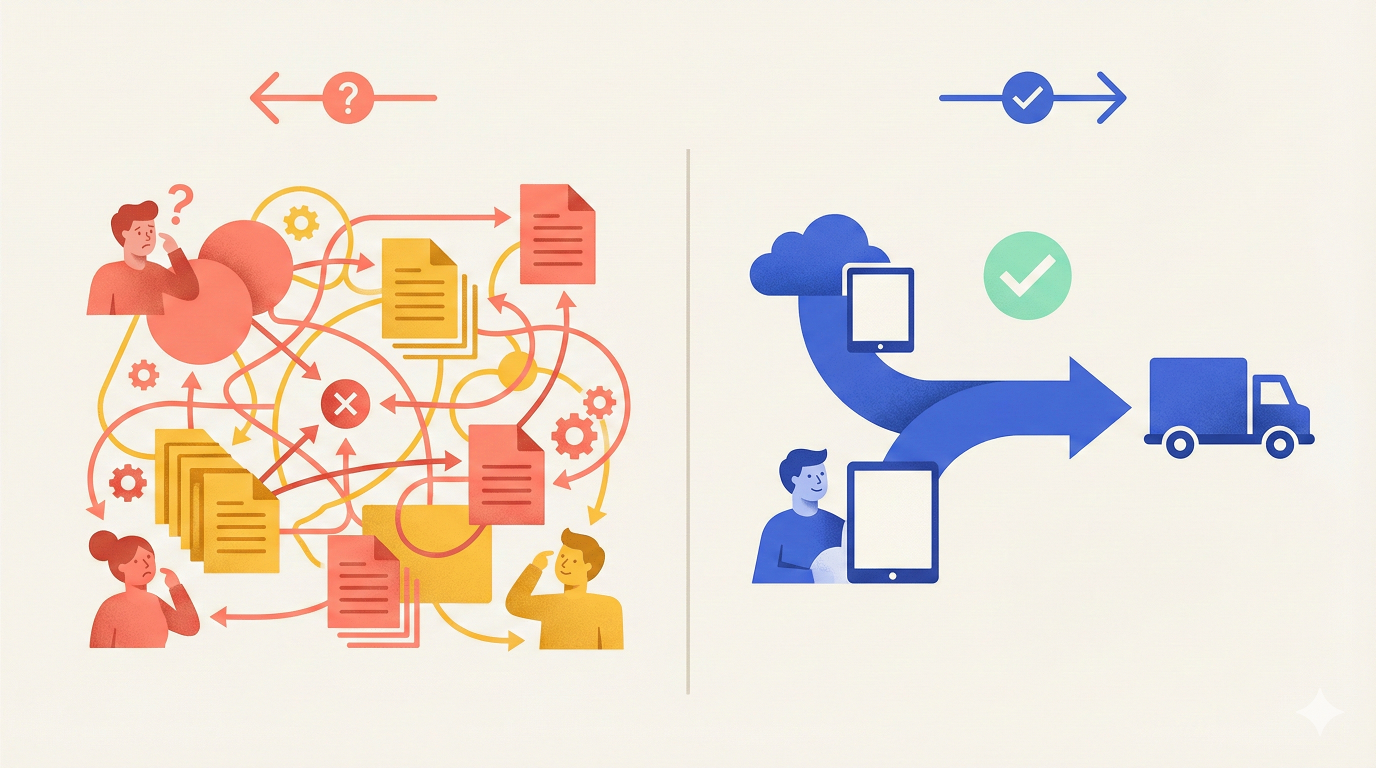 복잡한 문서 흐름과 오류를 해결하여 클라우드 기반 시스템으로 효율적인 배송 과정을 만드는 모습