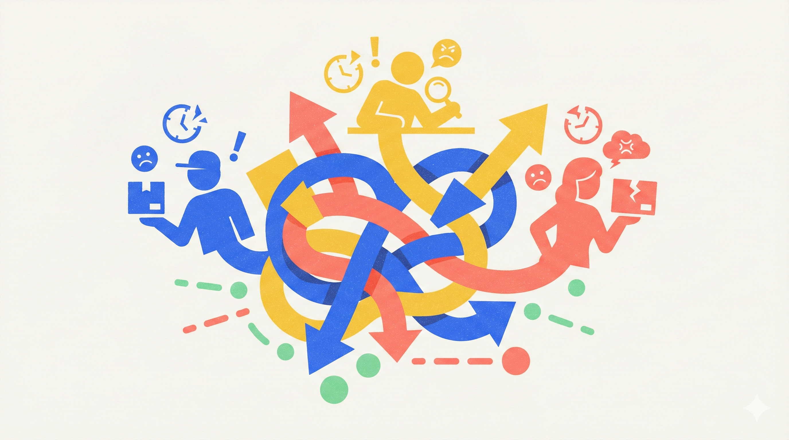 복잡하게 얽힌 화살표들과 함께 불안, 불만족을 나타내는 아이콘들로 표현된 물류 문제.