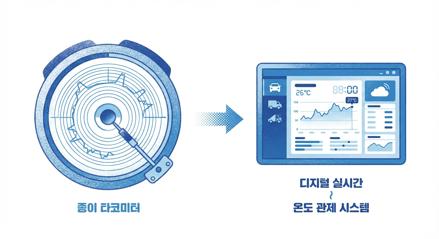 종이 타코미터에서 디지털 실시간 온도 관제 시스템으로 변환되는 과정을 보여주는 인포그래픽