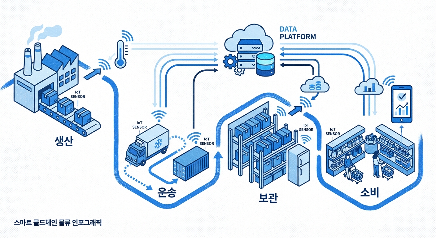 스마트 콜드체인 물류 과정을 생산, 운송, 보관, 소비 단계별로 IoT 센서와 데이터 플랫폼을 통해 관리하는 인포그래픽