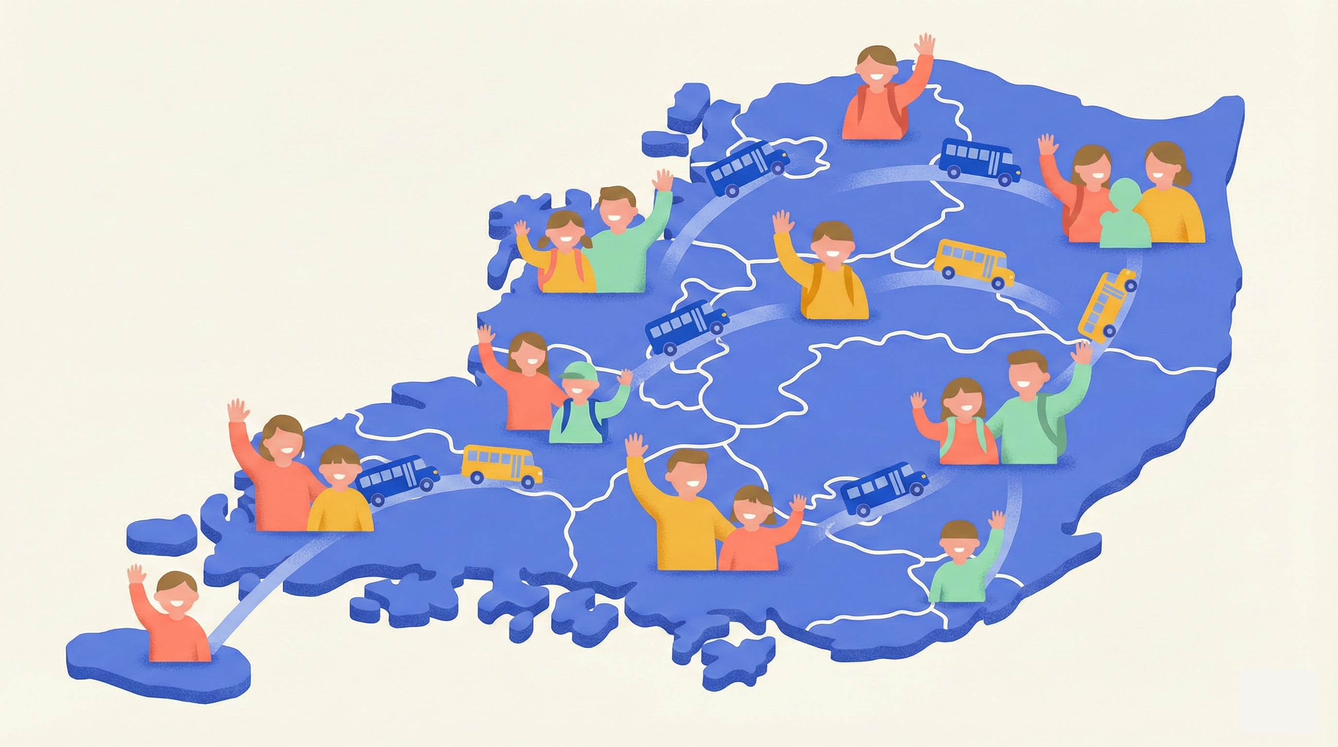  지도 위에 손을 흔드는 가족과 학교버스가 연결된 일러스트