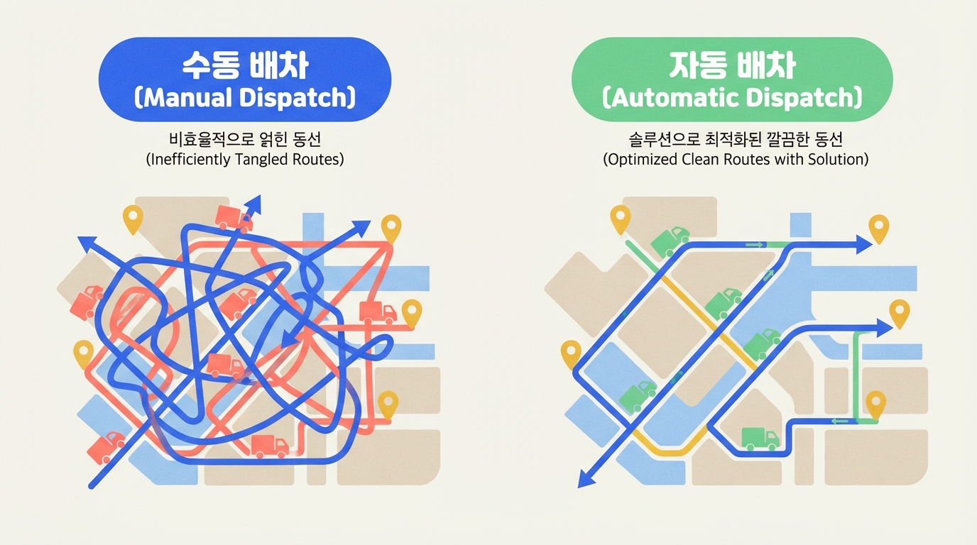 수동 배차의 복잡한 경로와 자동 배차의 최적화된 경로를 비교한 지도 이미지