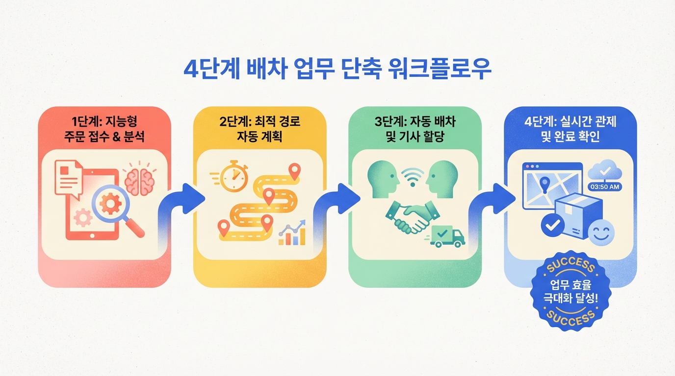 4단계 배차 업무 단축 워크플로우로, 지능형 주문 접수 및 분석, 최적 경로 자동 계획, 자동 배차 및 기사 할당, 실시간 관제 및 완료 확인을 거쳐 업무 효율 극대화 달성.