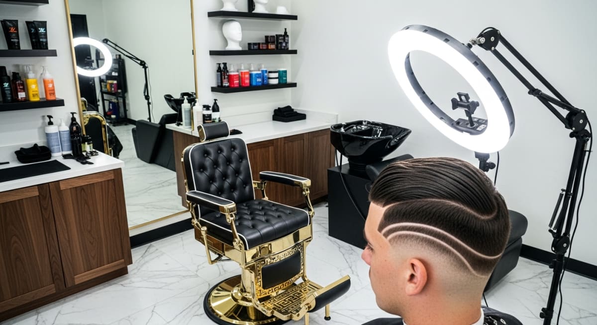 Burst fade haircut with textured top styled at FadeByFame barbershop Henderson NV