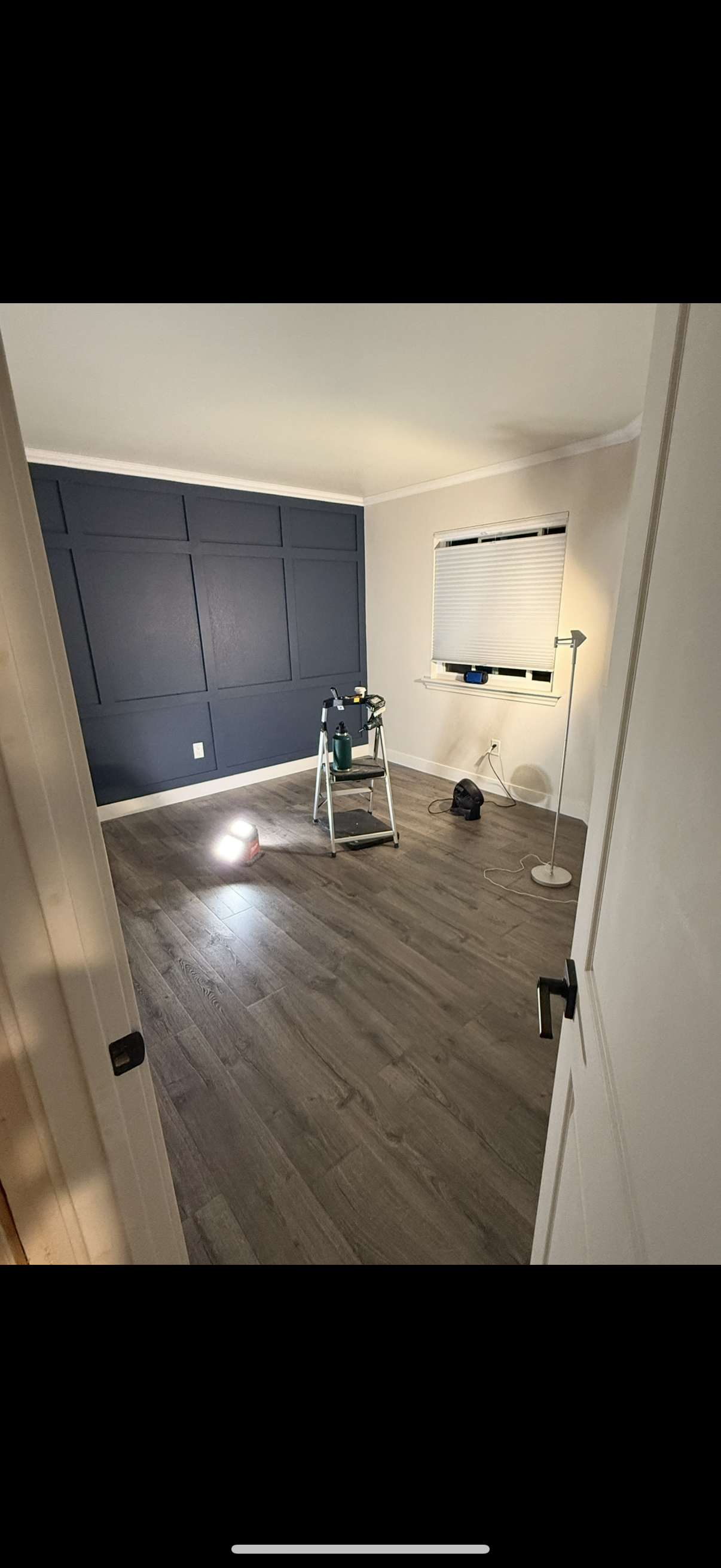 Picture-frame panel accent wall with crown molding