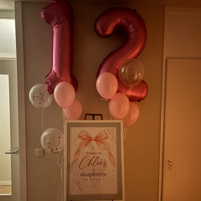 Welkomstbord op een ezel met ballonnen