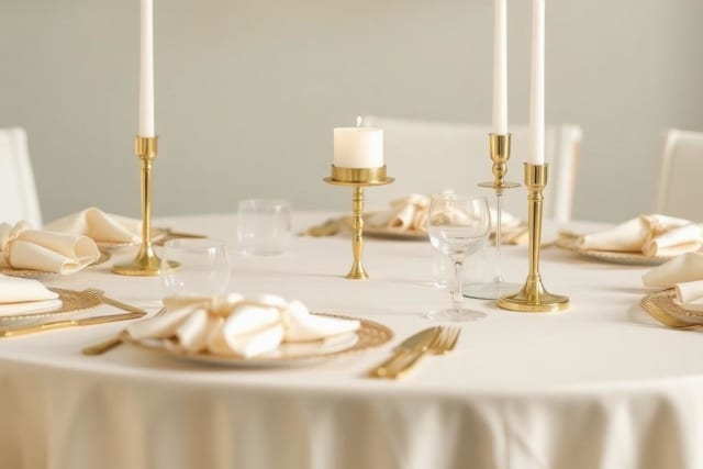 Gedekte feesttafel met crème tafelkleed en gouden kandelaars