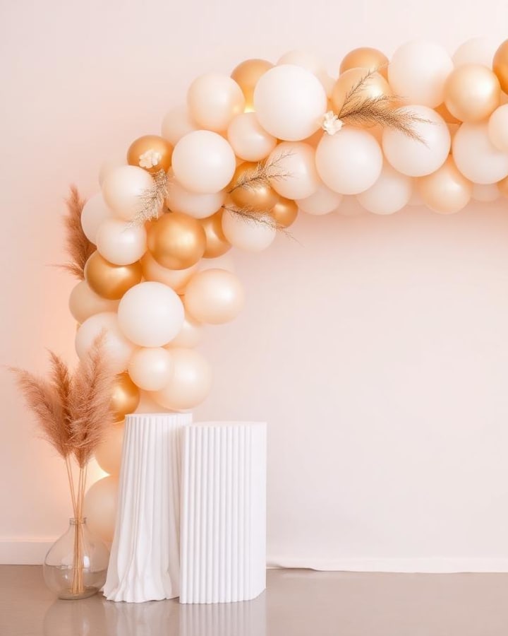 Ballonnenboog in crème en goud boven witte pilaren