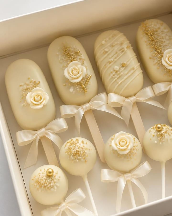 Crèmekleurige cakesicles met suikerroosjes en goud