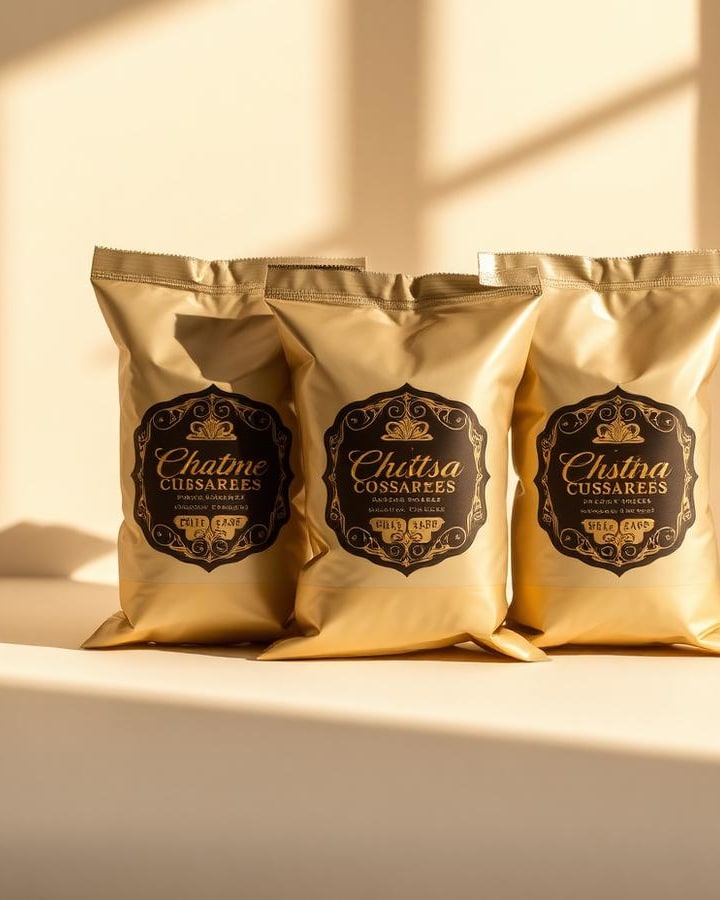 Gouden chipszakjes met gepersonaliseerd label