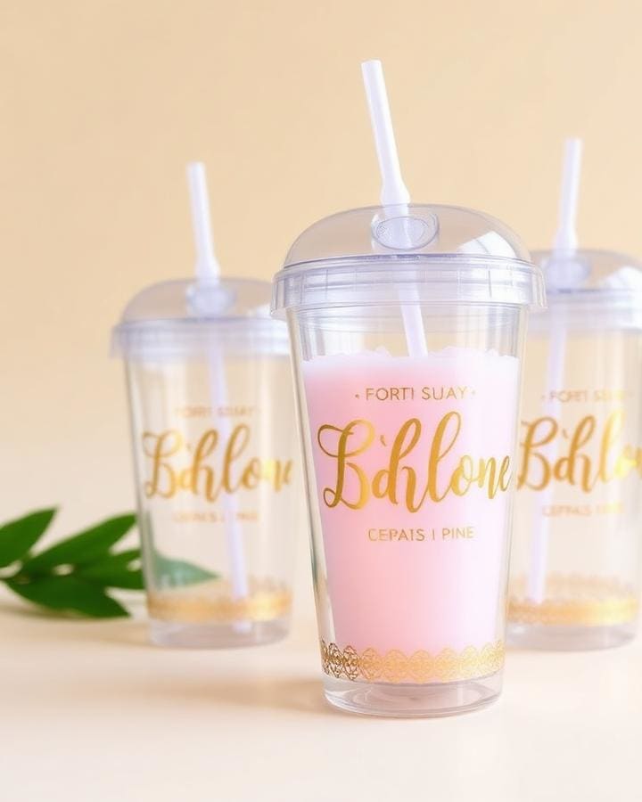 Drinkbekers met deksel en rietje en een naam in goudkleurige letters
