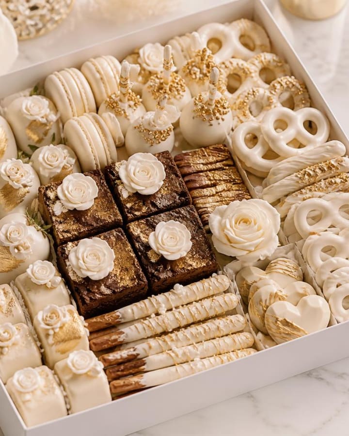 Dessertbox met brownies, pretzels en chocolade aardbeien