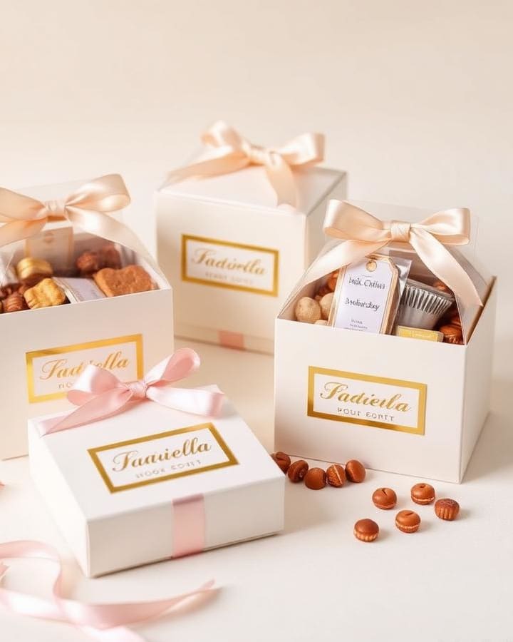Witte traktatieboxen met roze lint en naamlabel