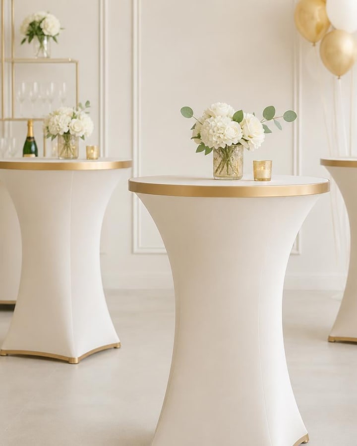 Twee statafels met crème cover en bloemen