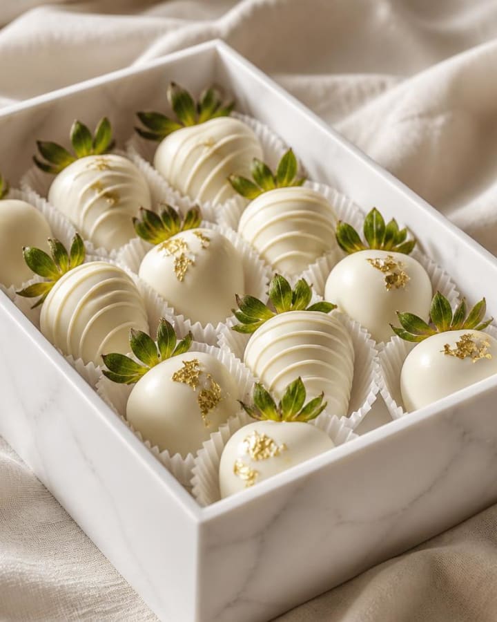 Chocolade aardbeien in witte chocolade in een luxe doos