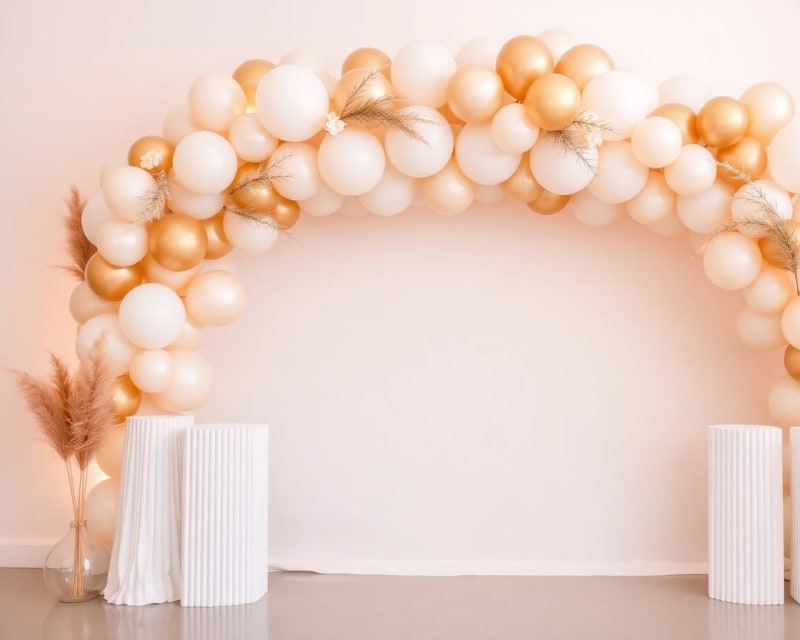 Feestopstelling met ballonnenboog in perzik en goud