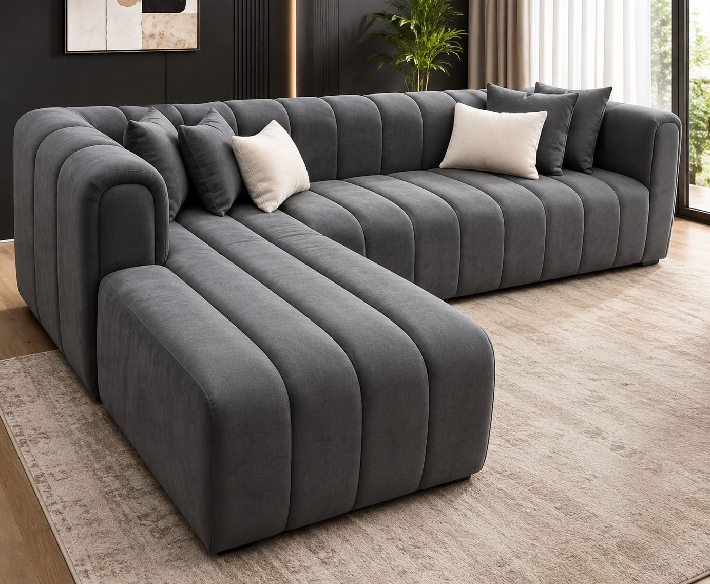 Modern Luxe Curved Channel-Tufted L-Shaped Sectional Sofa – Dark Grey
