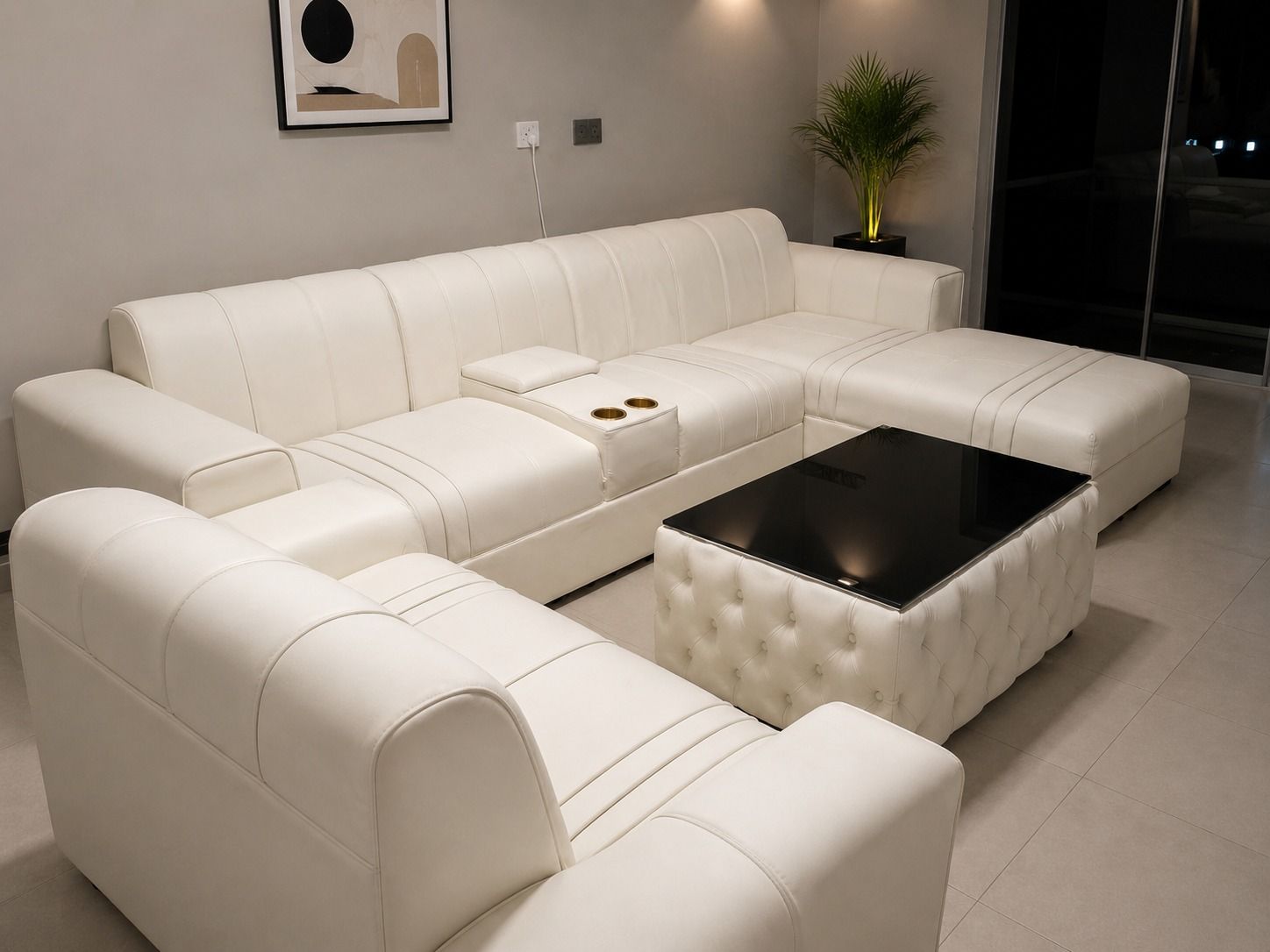 Luxury White U-Shaped Sofa Set with Coffee Table